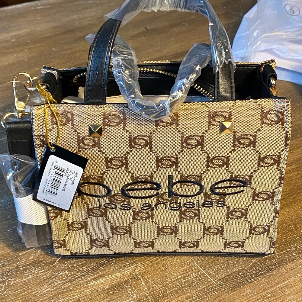 bebe Tan and Black Logo Jacquard Satchel NWT